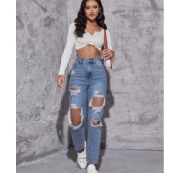 High Waist Straight Leg Ripped Jeans (XS) - Picture 3 of 3